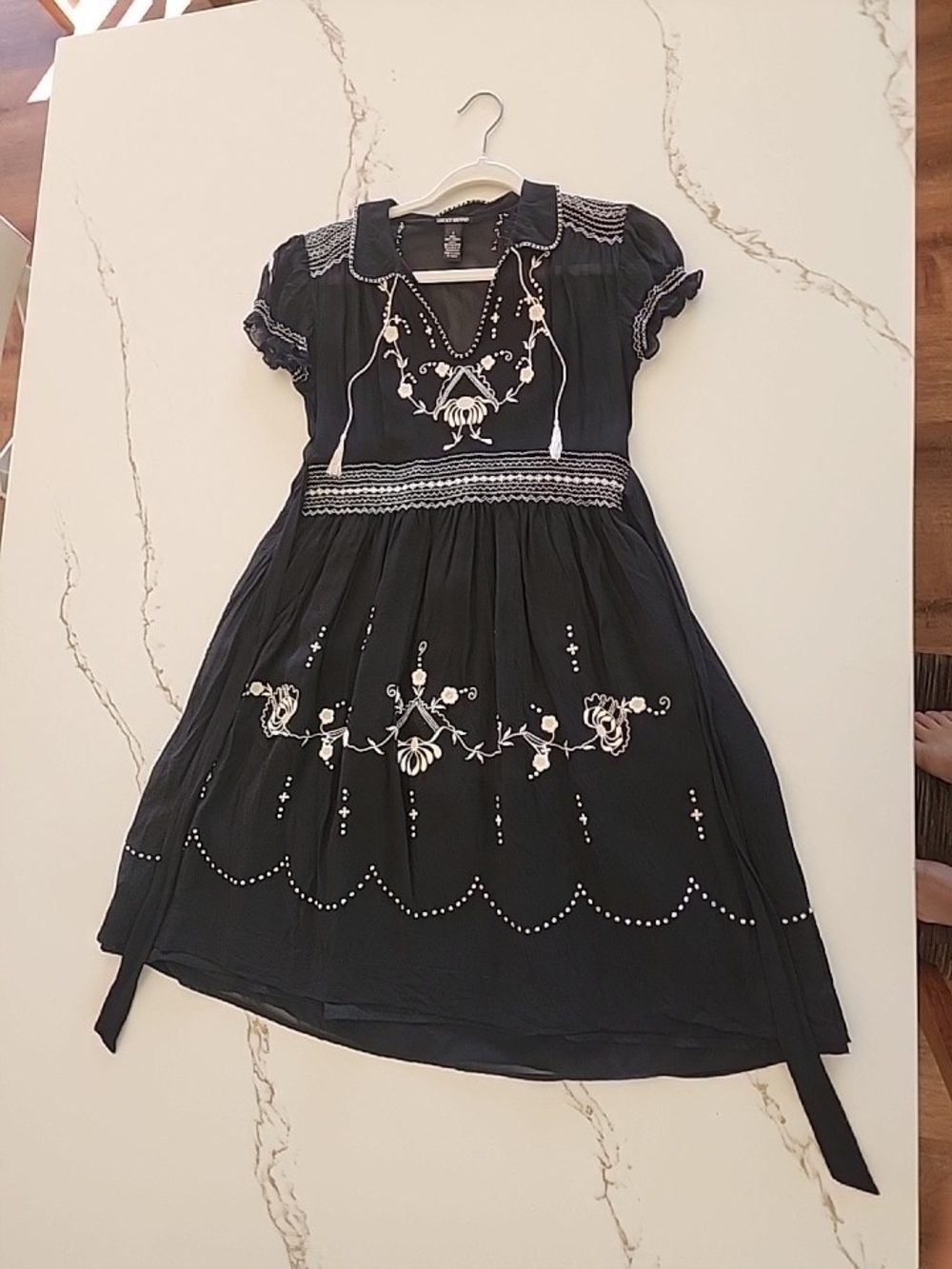 Lucky Brand Black Embroidered Sheer Boho Peasant Dress Size Small Tassel